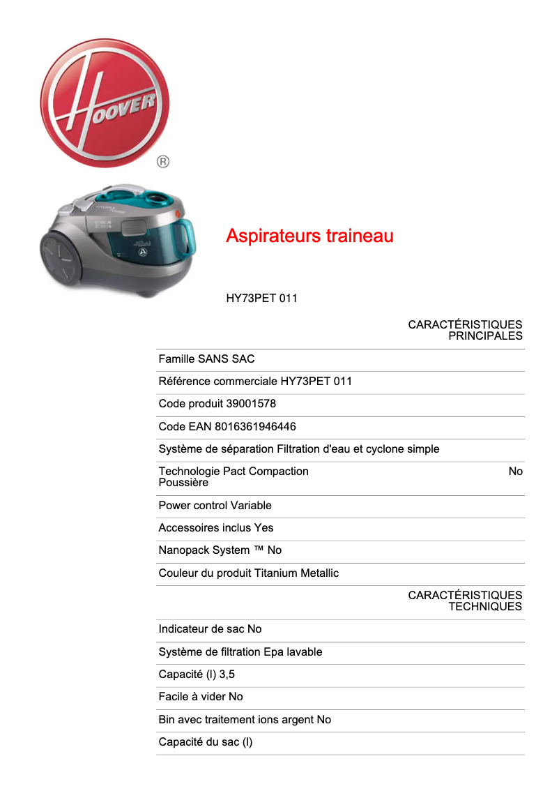 Page n°1 - Fiche technique Hoover Hydropower HY73PET 011