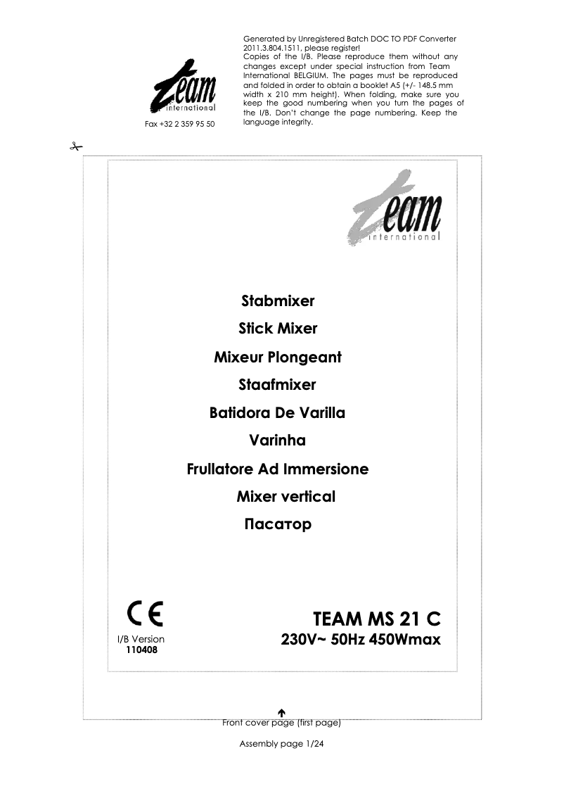 Page 1 de la notice Manuel utilisateur Team MS 21