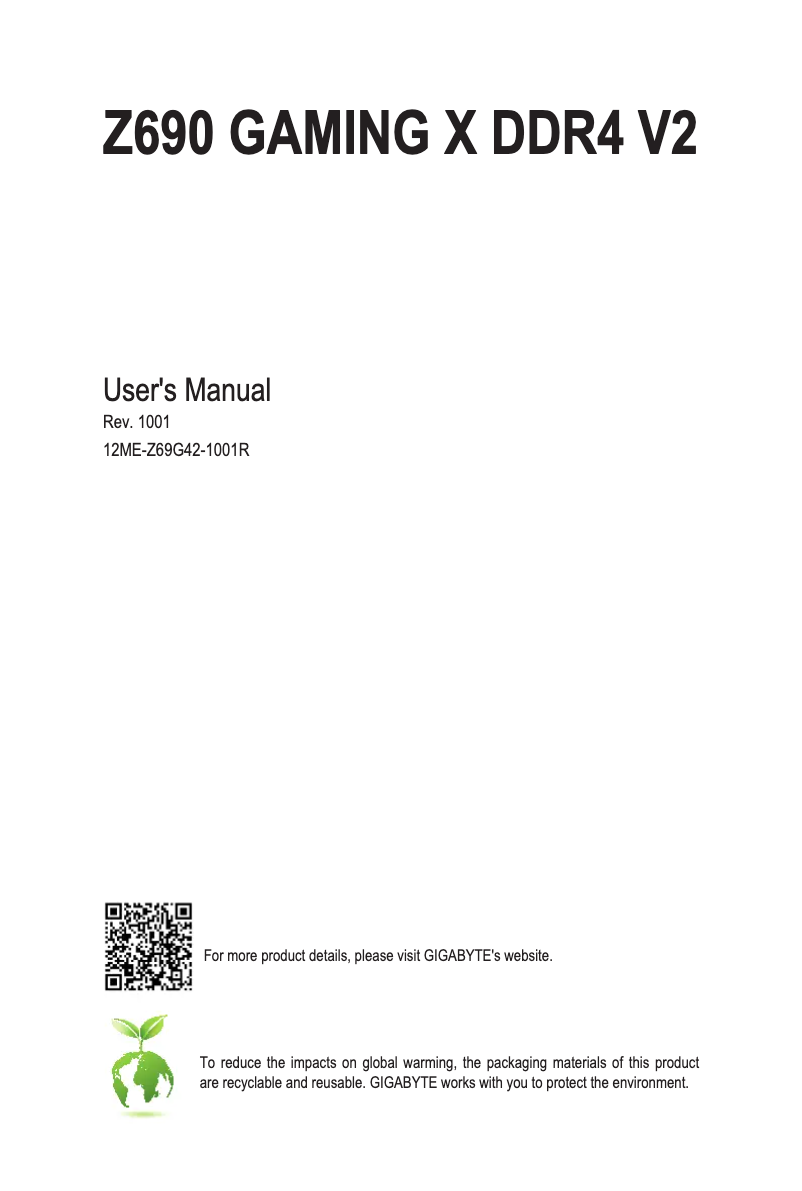 Page 1 de la notice Manuel utilisateur Gigabyte Z690 Gaming X DDR4 V2