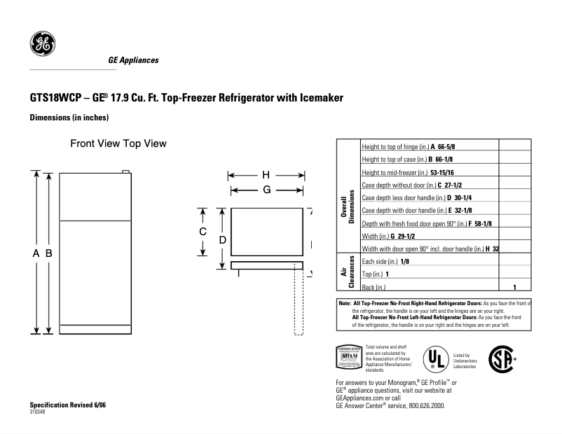 Page 1 de la notice Fiche technique GE GTS18WCPCC