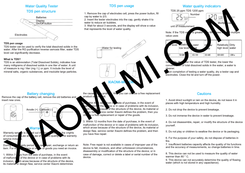 Page 1 de la notice Manuel utilisateur Xiaomi Mi TDS Pen Water Quality Tester