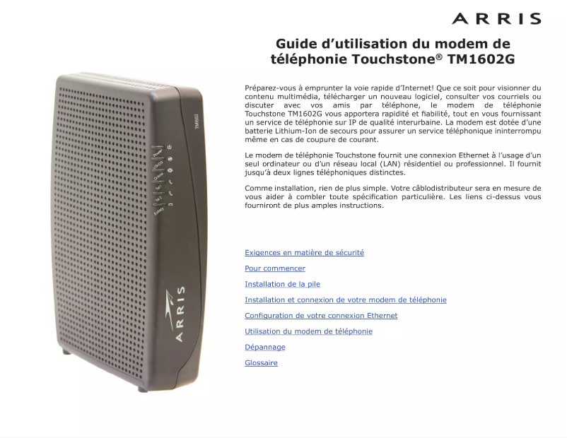 Page 1 de la notice Manuel utilisateur Arris Touchstone TM1602G