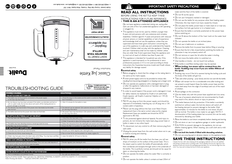 Page 1 de la notice Manuel utilisateur Dualit Classic Jug 72820