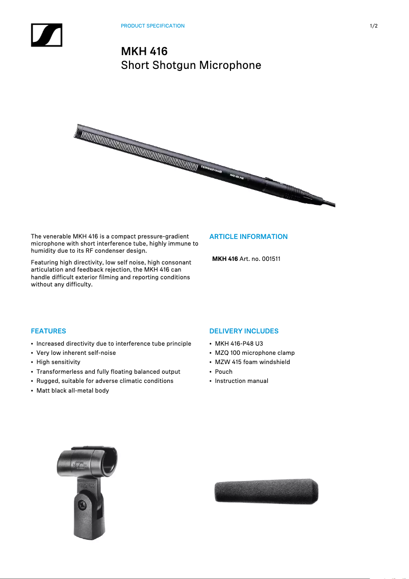 Page n°1 - Fiche technique Sennheiser MKH 416