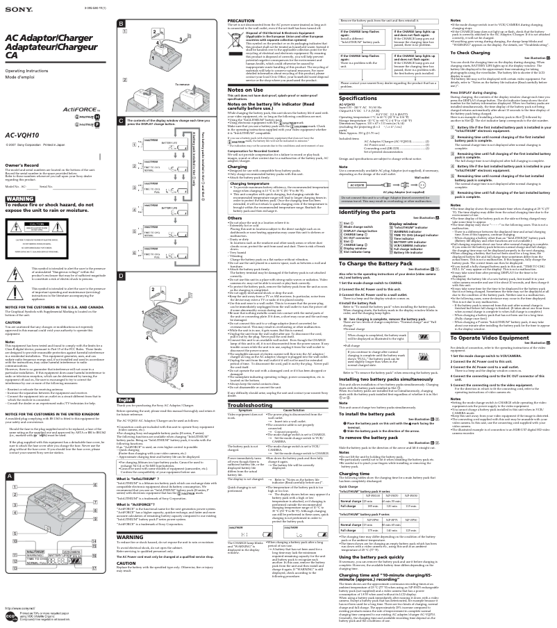 Page 1 de la notice Manuel utilisateur Sony AC-VQH10