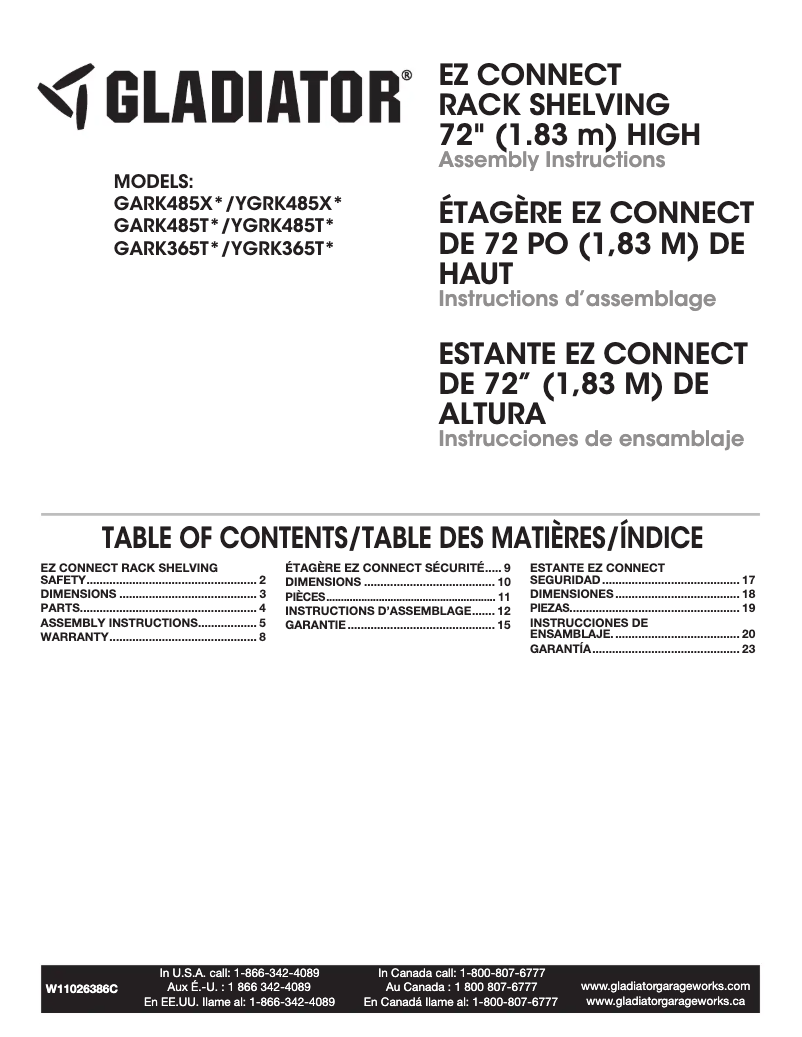 Page n°1 - Guide d'installation Gladiator GARK485TGG