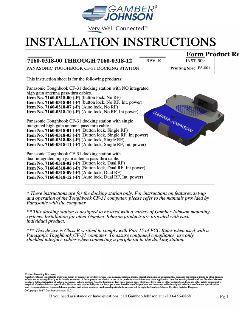 Page 1 de la notice Manuel utilisateur Gamber-Johnson 7160-0318-04