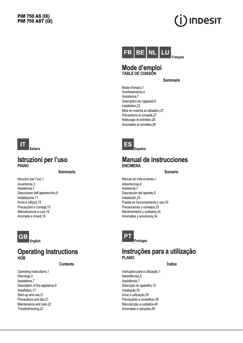 Page n°1 - Fiche technique Indesit PIM 750 AS (IX)