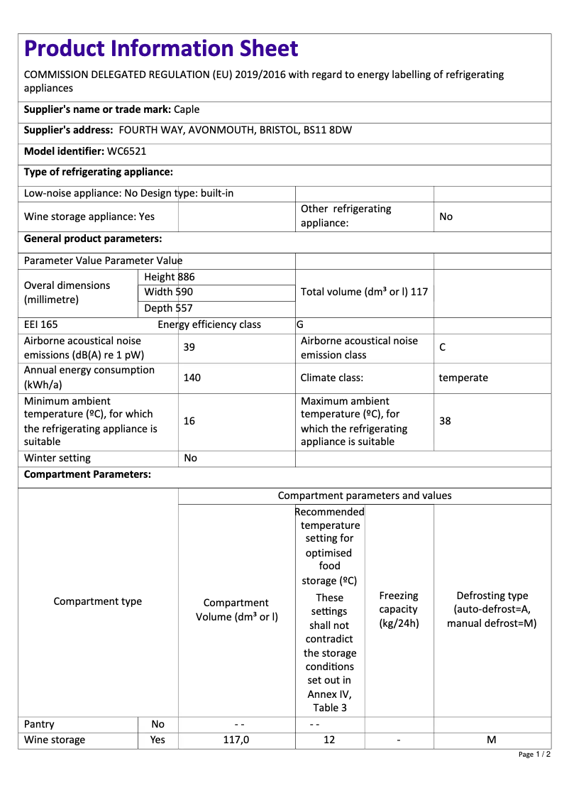 Page 1 de la notice Fiche technique Caple WC6521