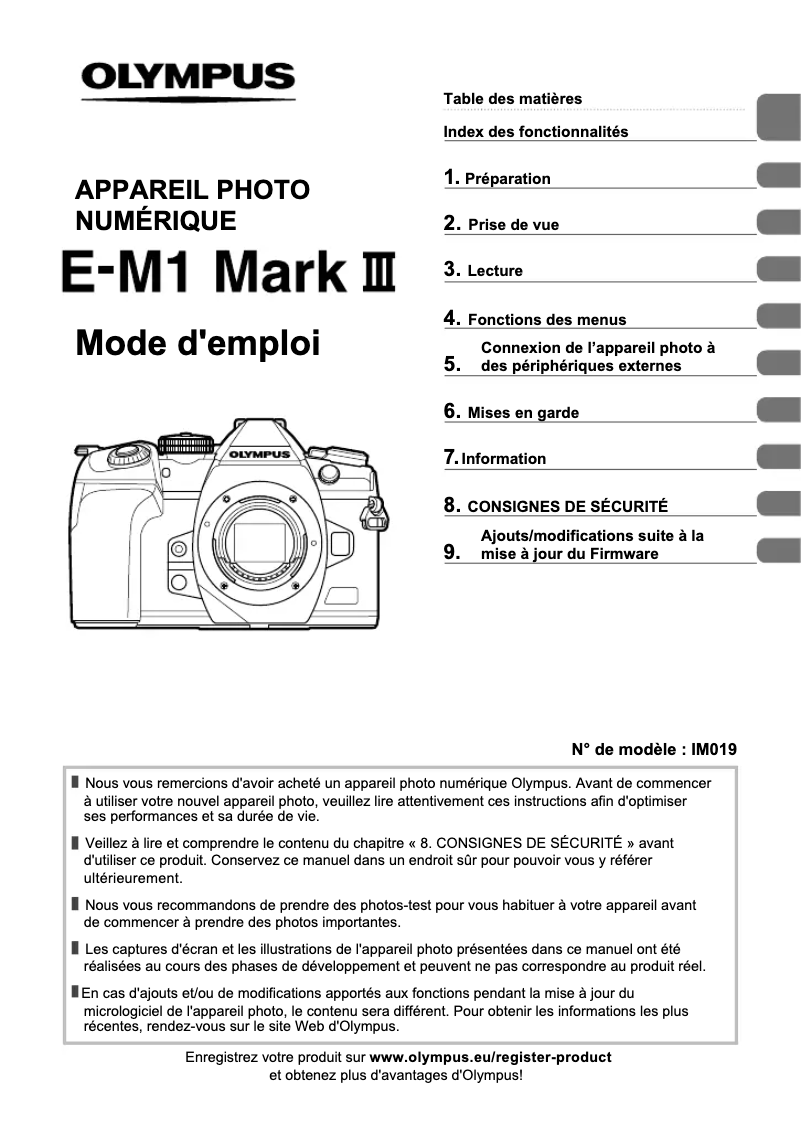Image de la première page du manuel de l'appareil E-M1 Mark III