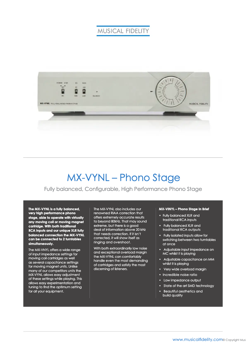 Page 1 de la notice Fiche technique Musical Fidelity MX-VYNL
