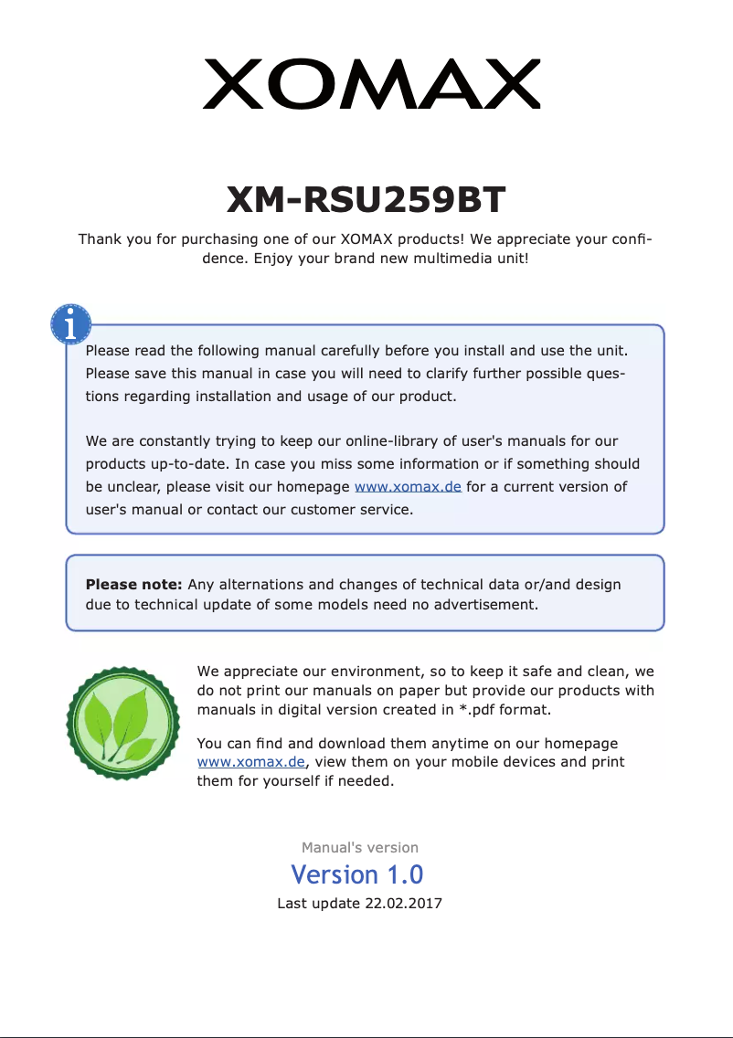 Page 1 de la notice Manuel utilisateur Xomax XM-RSU259BT