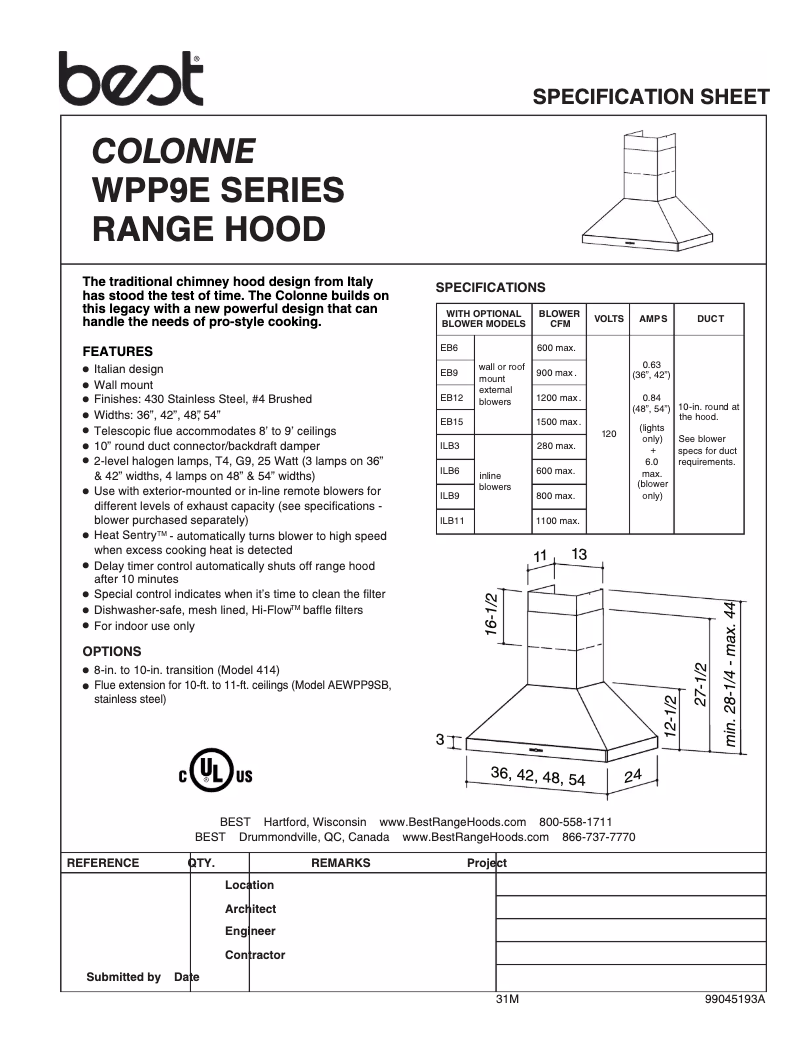 Page n°1 - Fiche technique Best Colonne WPP9E36SB