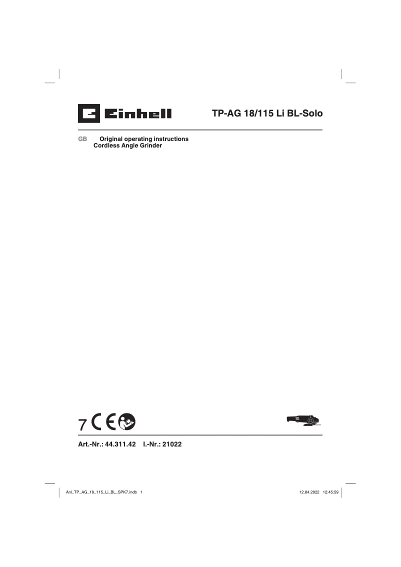 Page 1 de la notice Manuel utilisateur Einhell TP-AG 18/115 Li BL-Solo