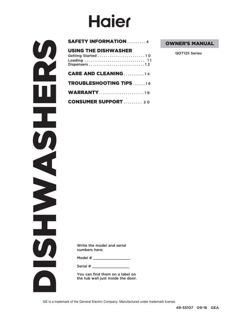 Page n°1 - Manuel d'utilisation et d'entretien Haier QDT125SSKSS