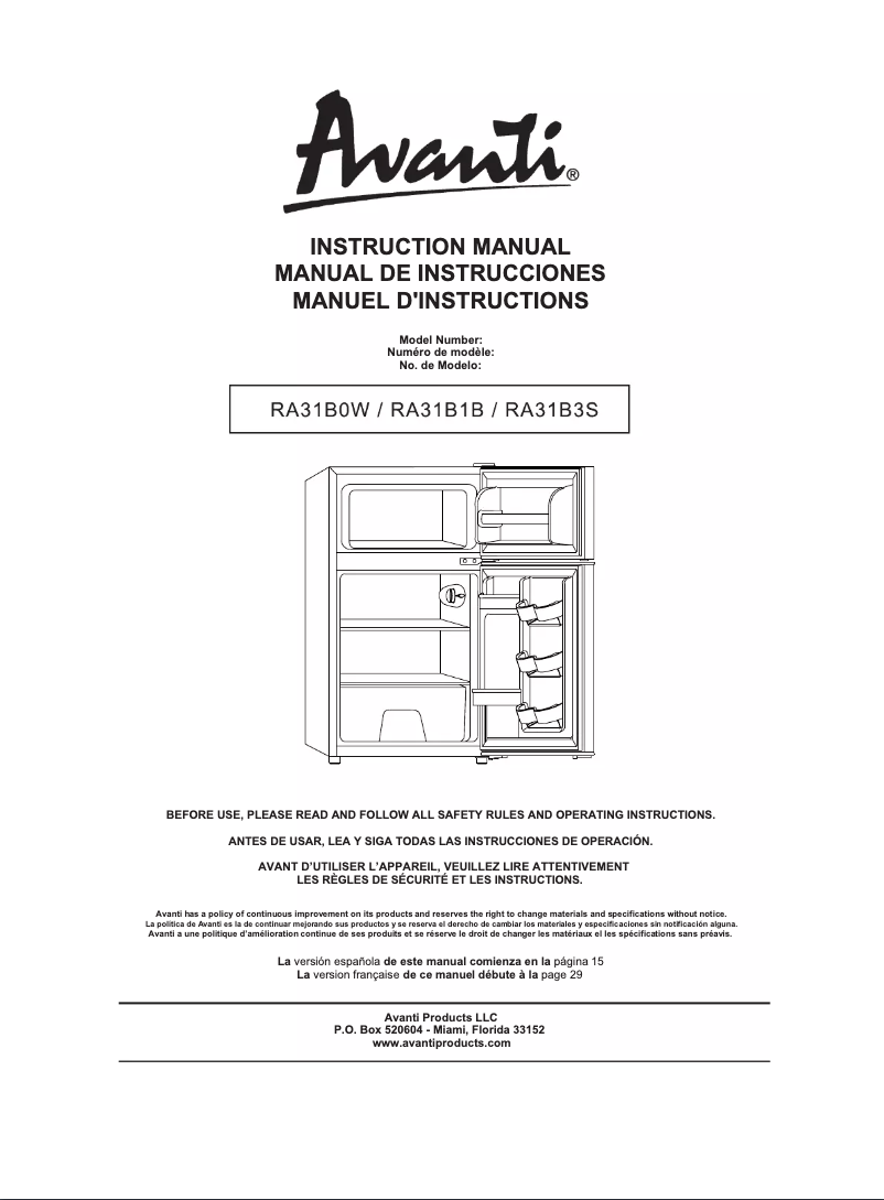 Page n°1 - Manuel utilisateur Avanti RA31B1B