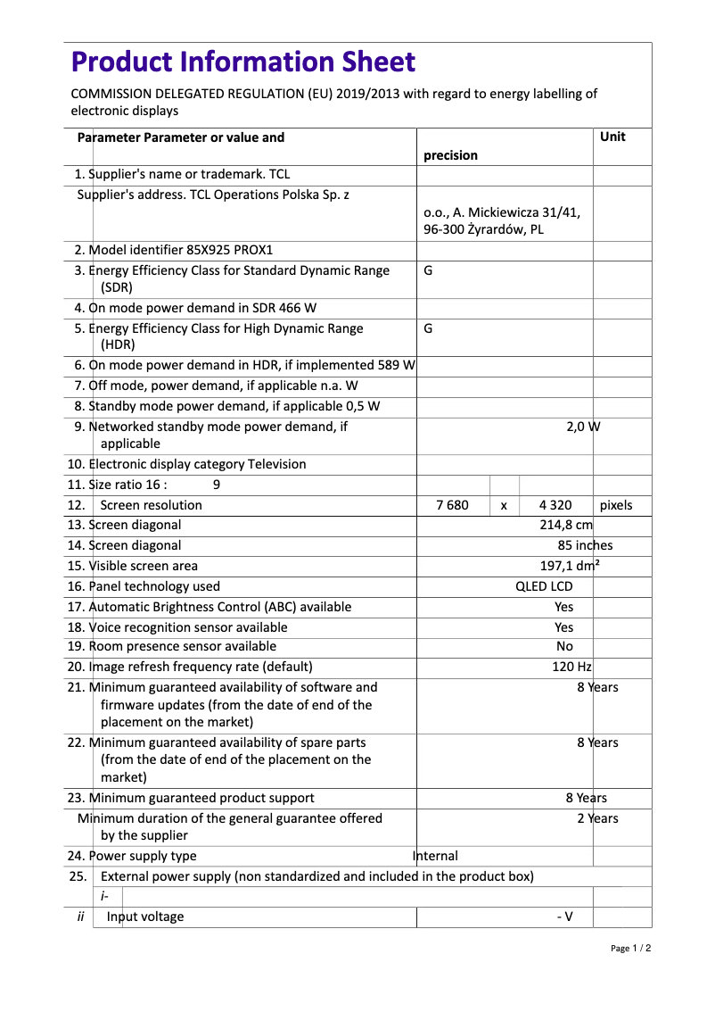 Page 1 de la notice Fiche technique TCL 85X925PRO