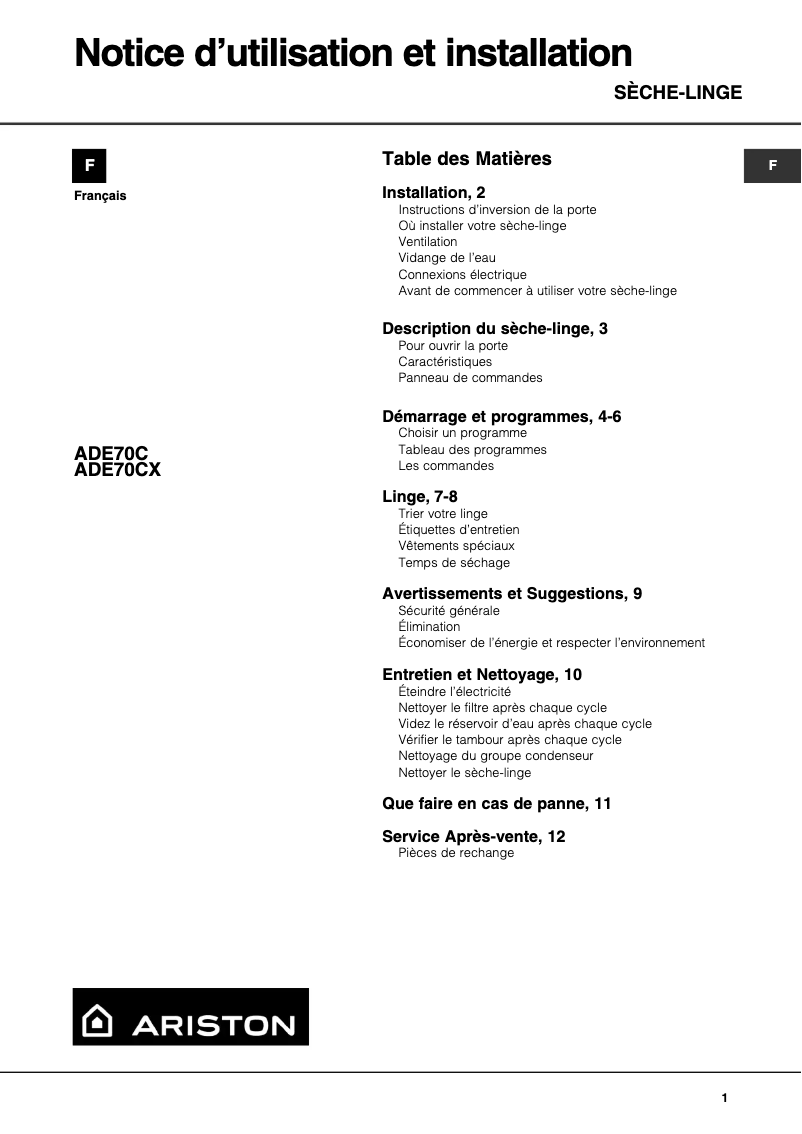 Page 1 de la notice Manuel utilisateur Ariston Thermo ADE 70 C