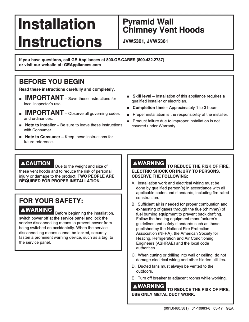 Page 1 de la notice Guide d'installation GE JVW5301BJTS