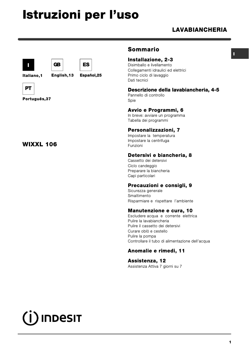 Page 1 de la notice Manuel utilisateur Indesit WIXXL 106 (EU).1