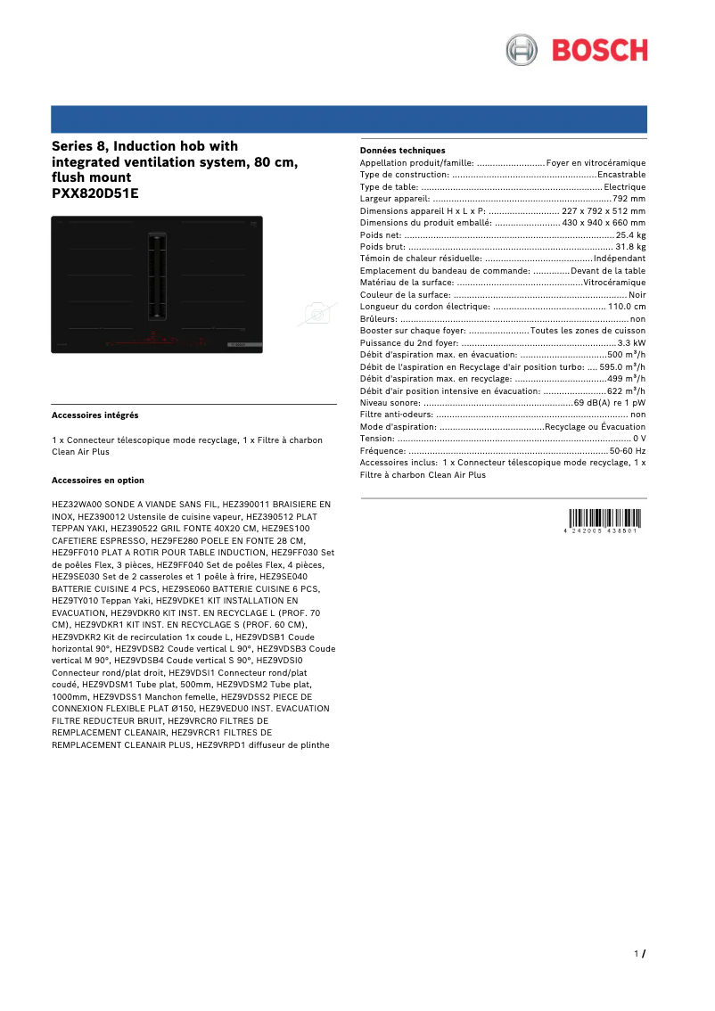 Page 1 de la notice Fiche technique Bosch PXX820D51E
