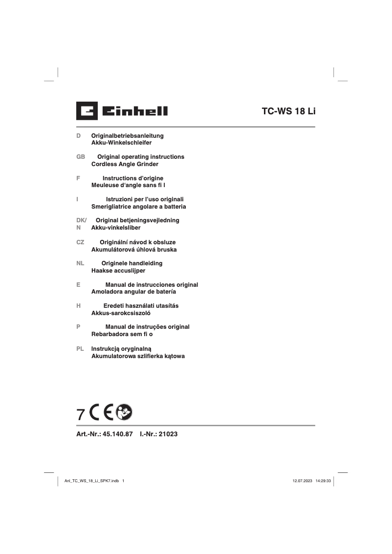 Page 1 de la notice Manuel utilisateur Einhell TC-WS 18 Li