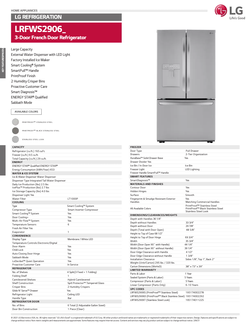 Page 1 de la notice Fiche technique LG LRFWS2906S