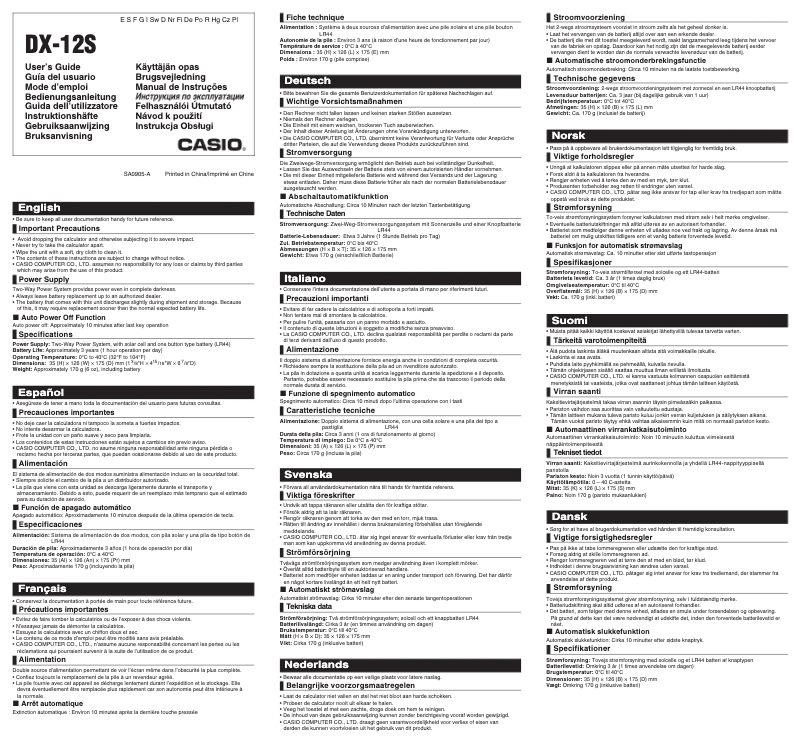 Page 1 de la notice Manuel utilisateur Casio DX-12S