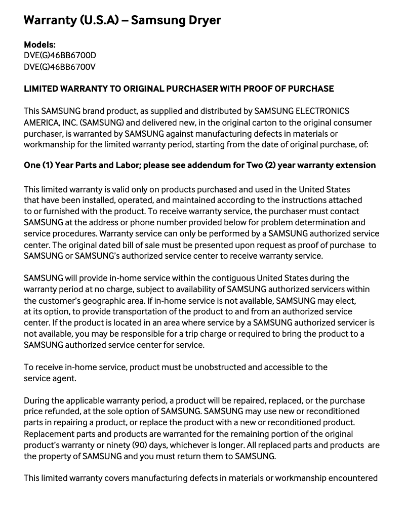 Page 1 de la notice Informations de garantie Samsung DVG46BB6700D