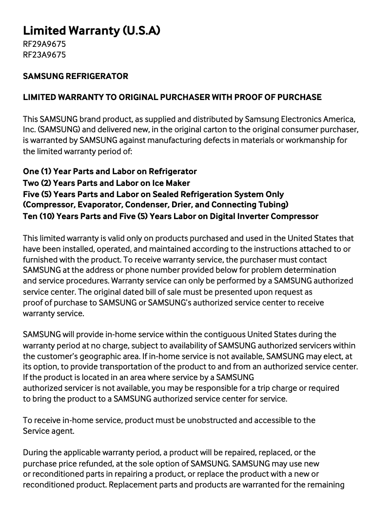 Page 1 de la notice Informations de garantie Samsung RF29A9675MT