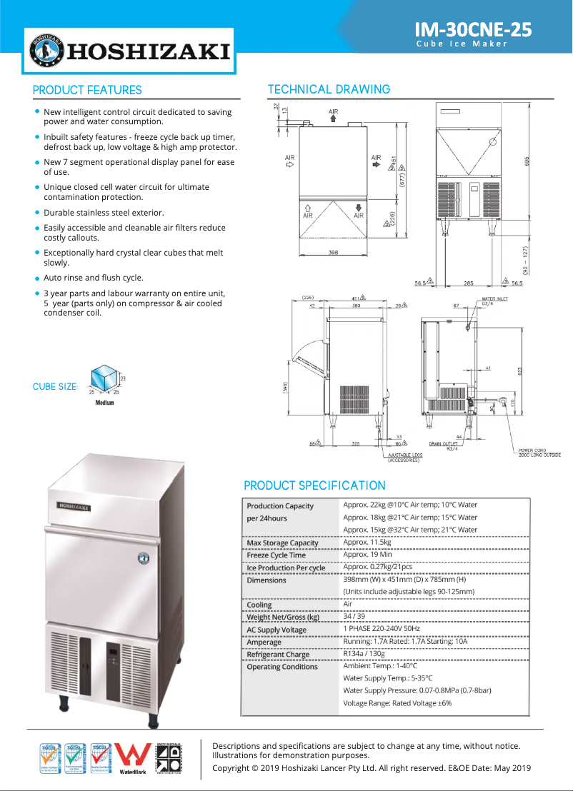 Page 1 de la notice Fiche technique Hoshizaki IM-30CNE