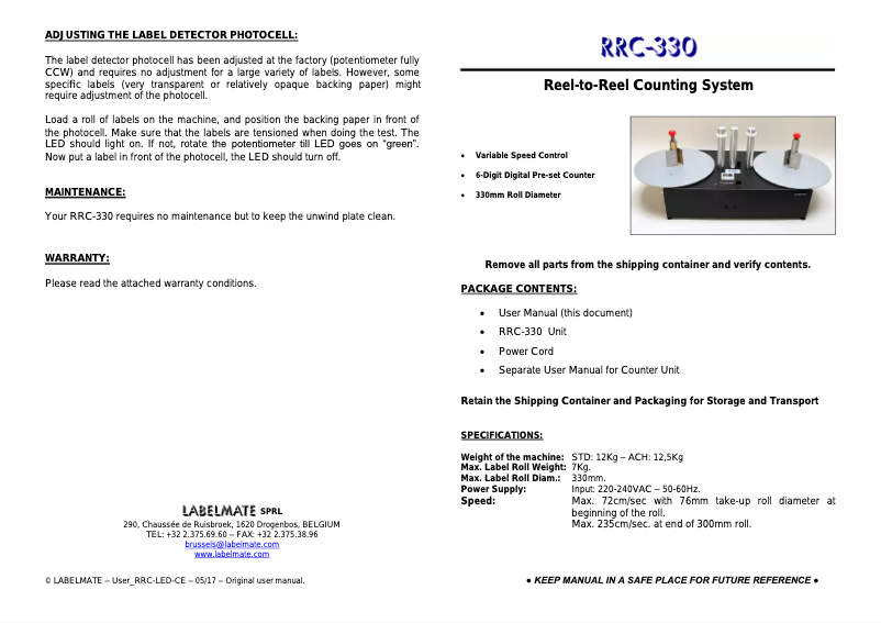 Page n°1 - Manuel utilisateur Labelmate RRC-330-Standard