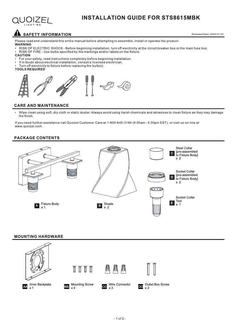 Page 1 de la notice Manuel utilisateur Quoizel Stetson STS8615MBK