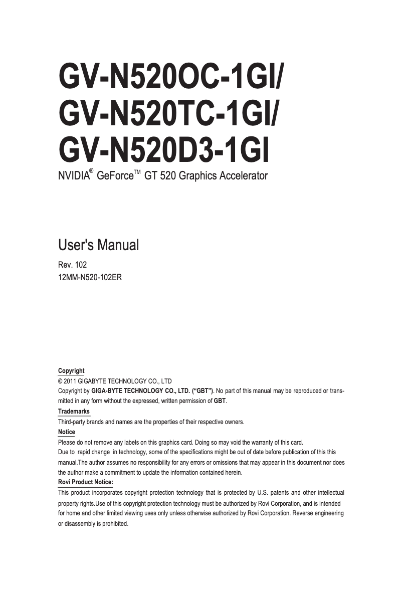 Image de la première page du manuel de l'appareil NVIDIA GeForce GT 520