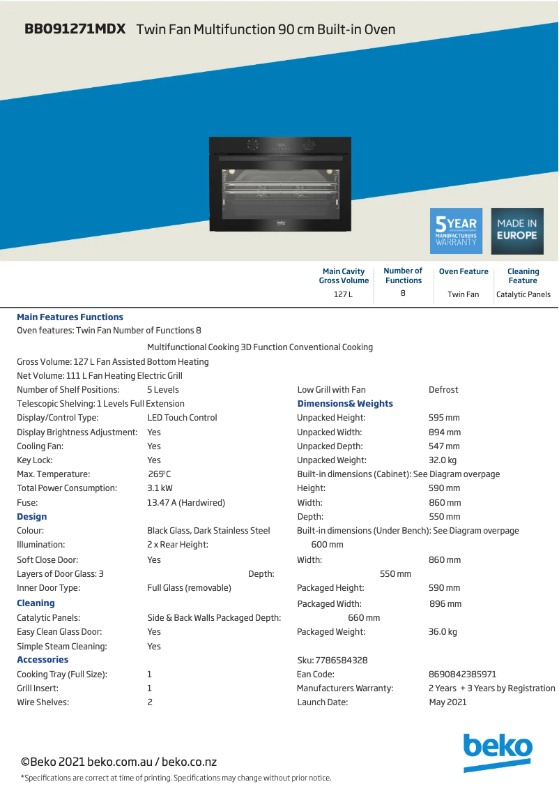 Page n°1 - Fiche technique Beko BBO91271MDX