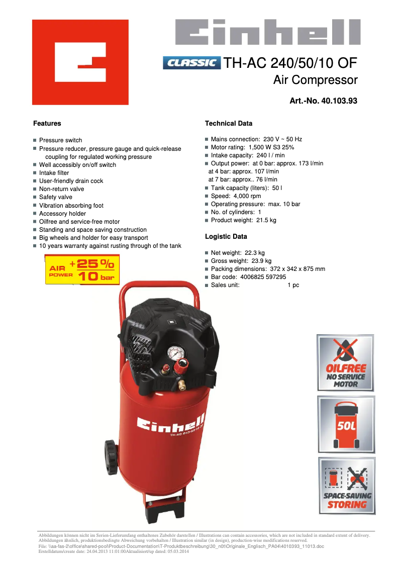 Page 1 de la notice Fiche technique Einhell TH-AC 240/50/10 OF