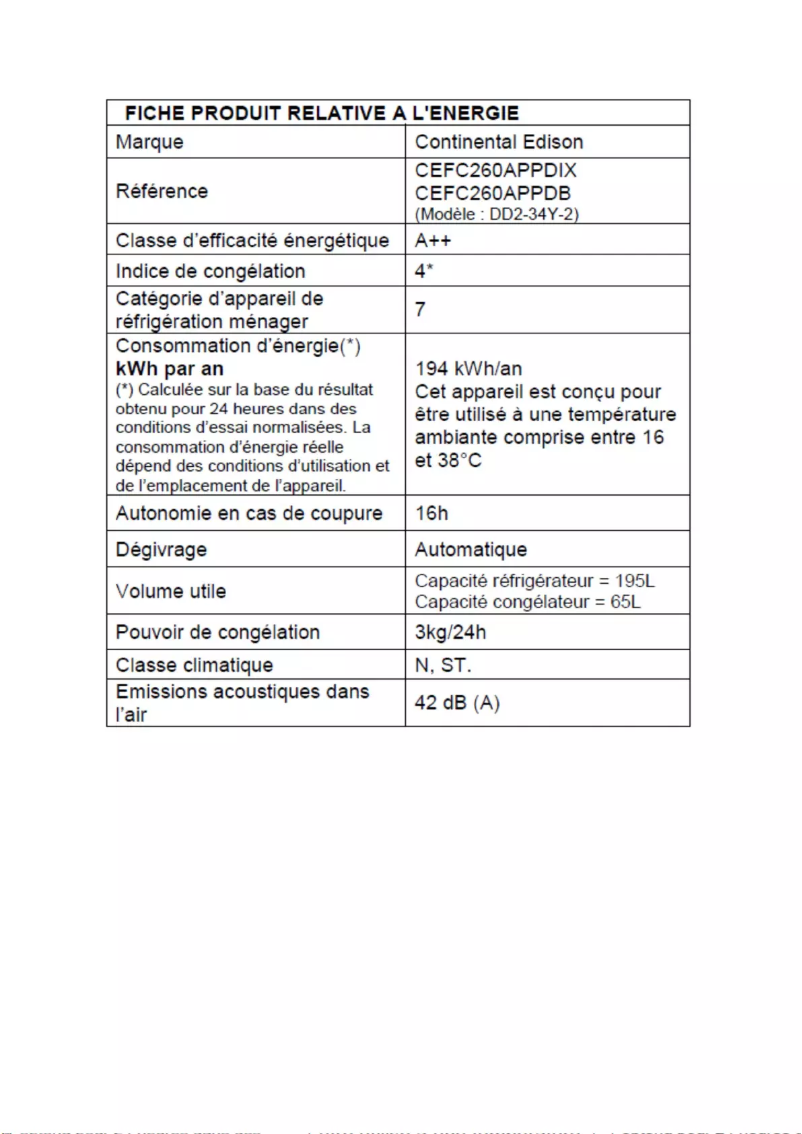 Page 1 de la notice Label énergétique Continental Edison CEFC260APPDIX