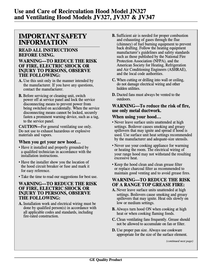 Page 1 de la notice Guide d'installation GE JV337XAD