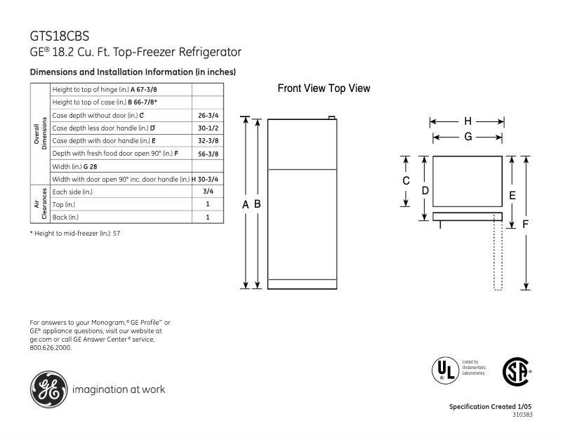 Page 1 de la notice Fiche technique GE GTS18CBSRBB