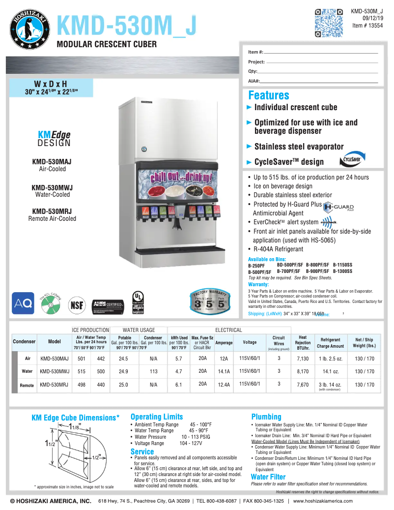 Page 1 de la notice Fiche technique Hoshizaki KMD-530MAH