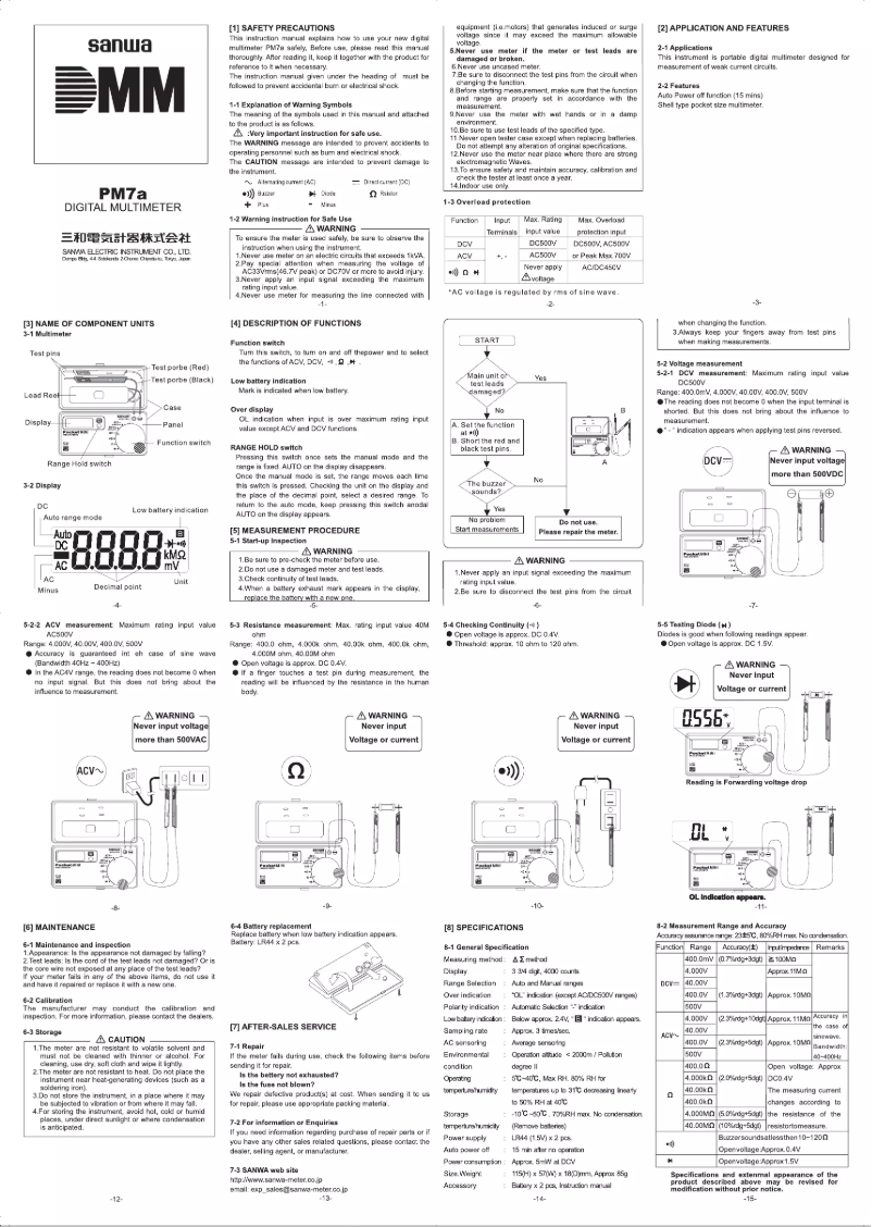 Page 1 de la notice Manuel utilisateur Sanwa PM7a