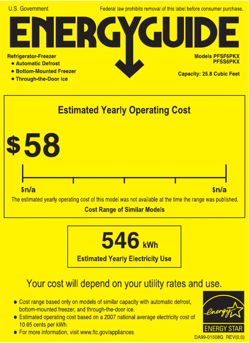Page 1 de la notice Label énergétique GE Profile PFSF6PKXBB