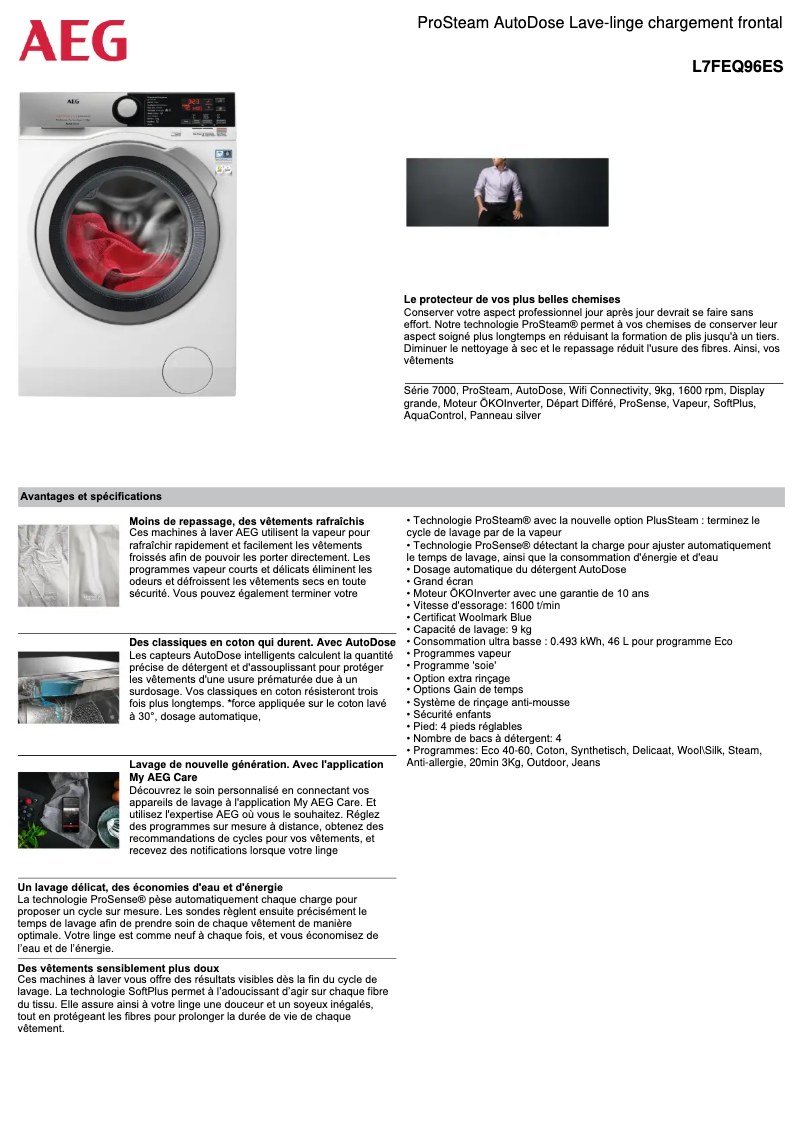 Page 1 de la notice Fiche technique AEG L7FEQ96ES