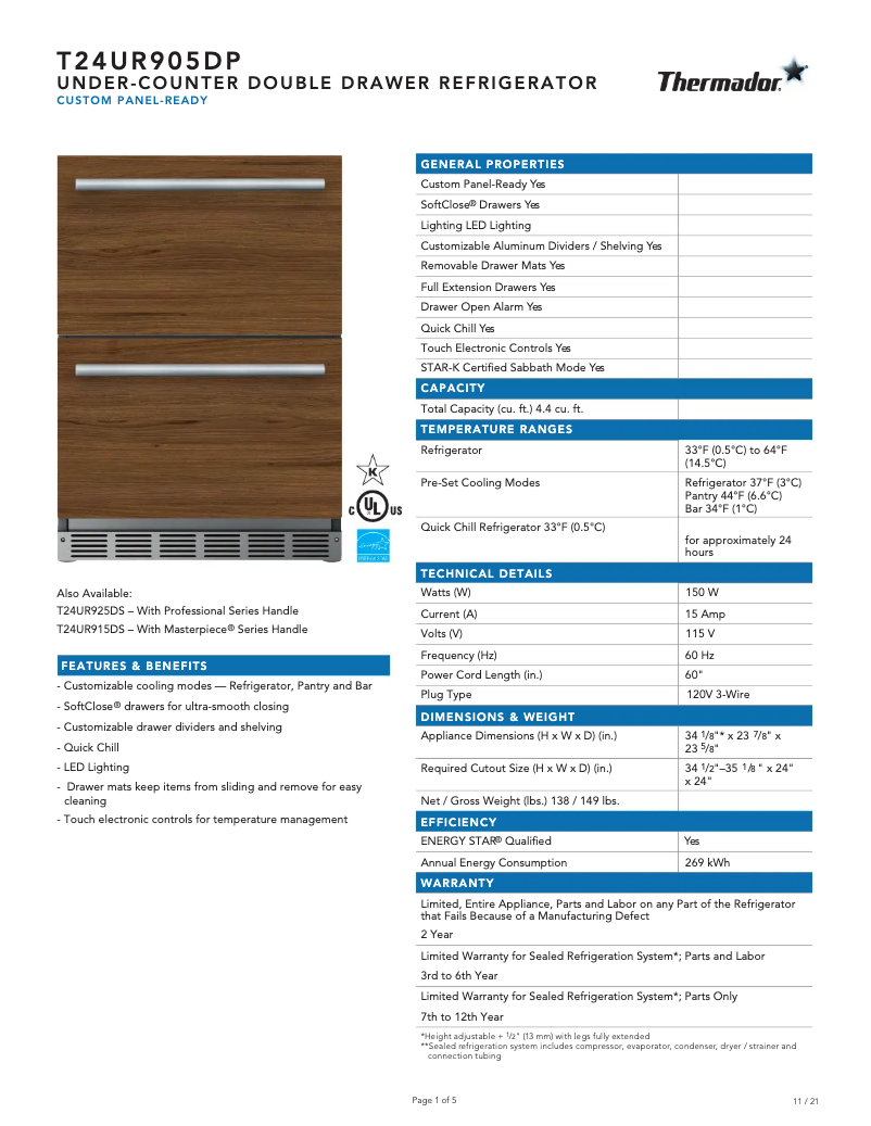 Page 1 de la notice Fiche technique Thermador T24UR905DP