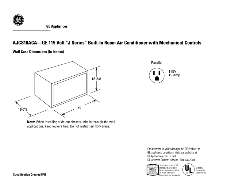 Page 1 of the manual Technical Sheet GE AJCS10ACA