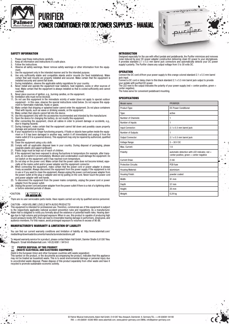 Page 1 de la notice Manuel utilisateur Palmer Purifier