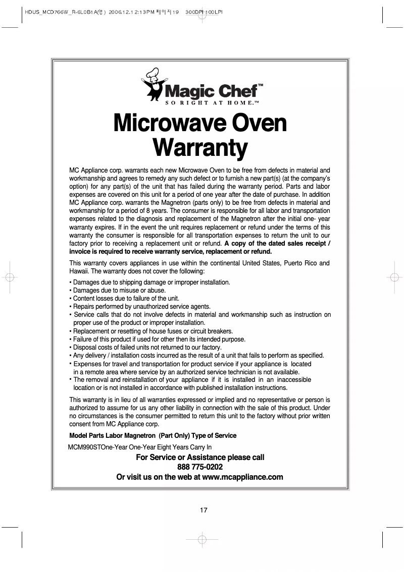 Page 1 de la notice Informations de garantie Magic Chef MCM990ST