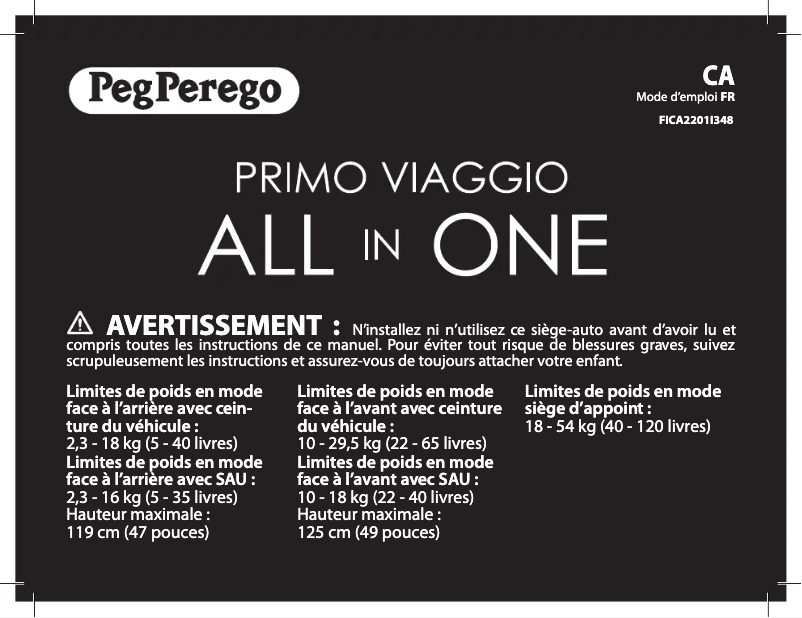 Page 1 de la notice Manuel utilisateur Peg Perego Primo Viaggio All in One