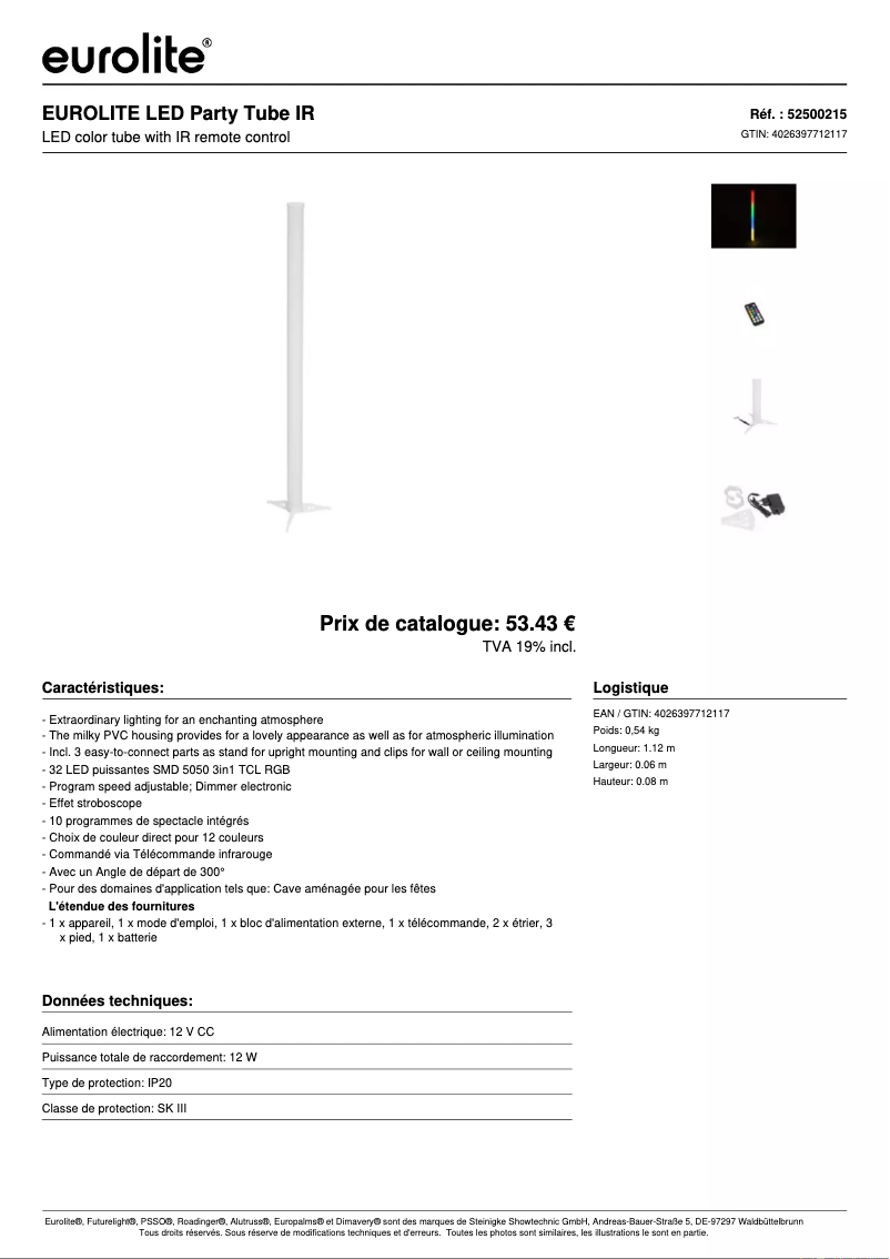 Page n°1 - Fiche technique Eurolite AKKU LED Party Tube IR