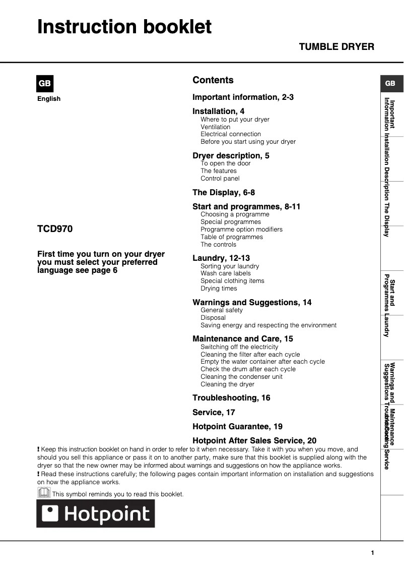 Página 1 del manual Manual de usuario Hotpoint TCD970K
